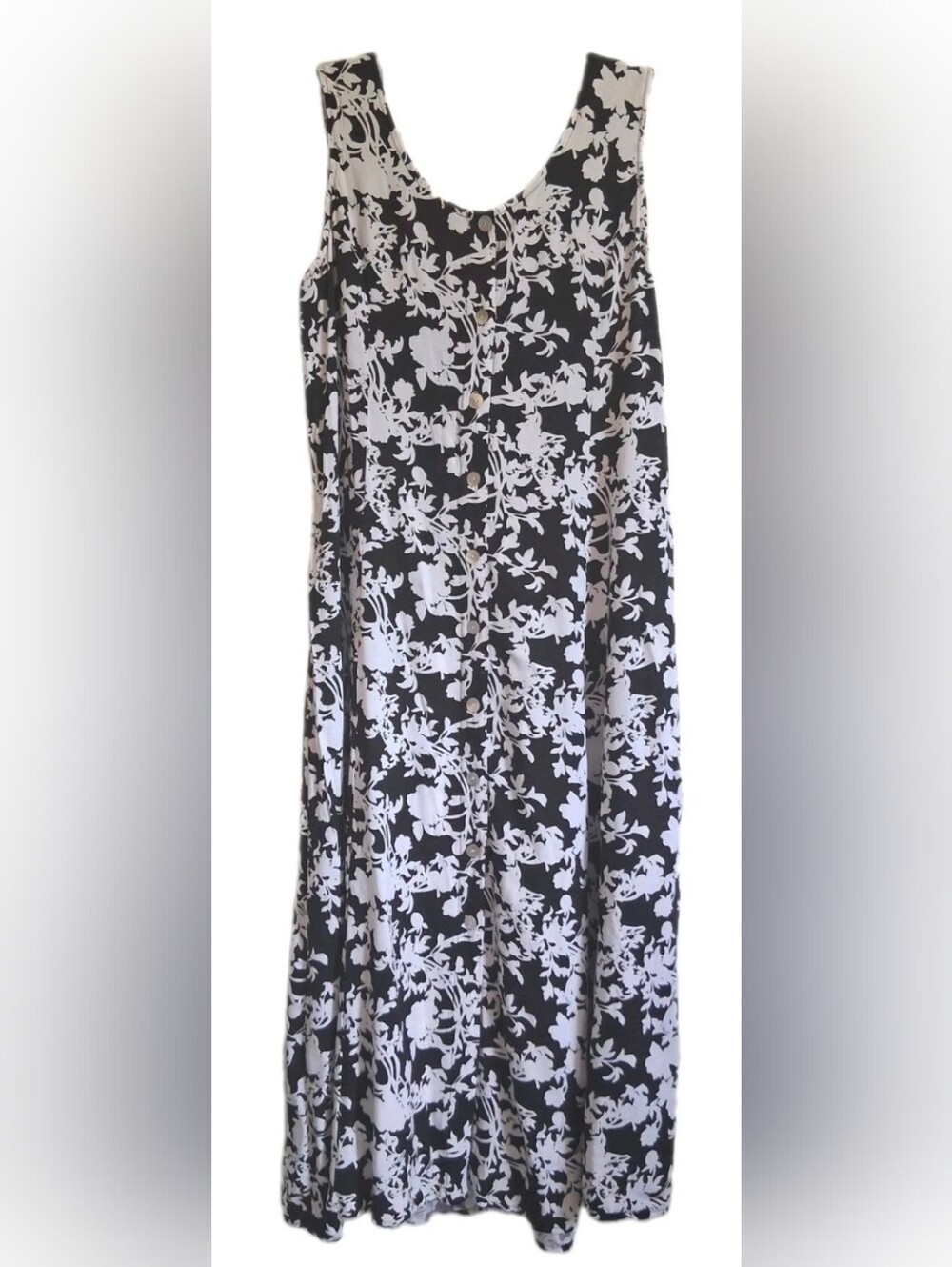 BFA Classic Maxi Dress Womens Lg Black&White Floral Button Down Cottagecore